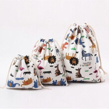 Natural cotton bag Sachet Fabric pouch Animal pattern Gift bag 3 pockets different sizes