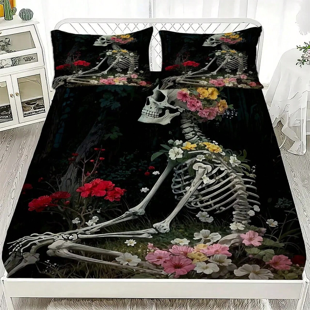 (6, only 2 pillowcases) 3pcs Halloween Bedding Set Cartoon Skeleton Pattern Fitted Sheet Bedroom Decor for Kids Halloween Decoration Bedding Set-image-OPC-PJJBQRW-NEW