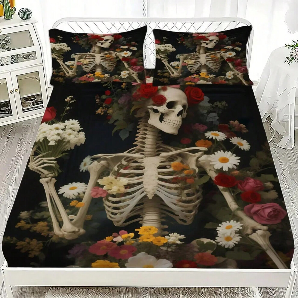 (5, 90x190x40cm 2pcs) 3pcs Halloween Bedding Set Cartoon Skeleton Pattern Fitted Sheet Bedroom Decor for Kids Halloween Decoration Bedding Set-image-OPC-PJJBQS2-NEW
