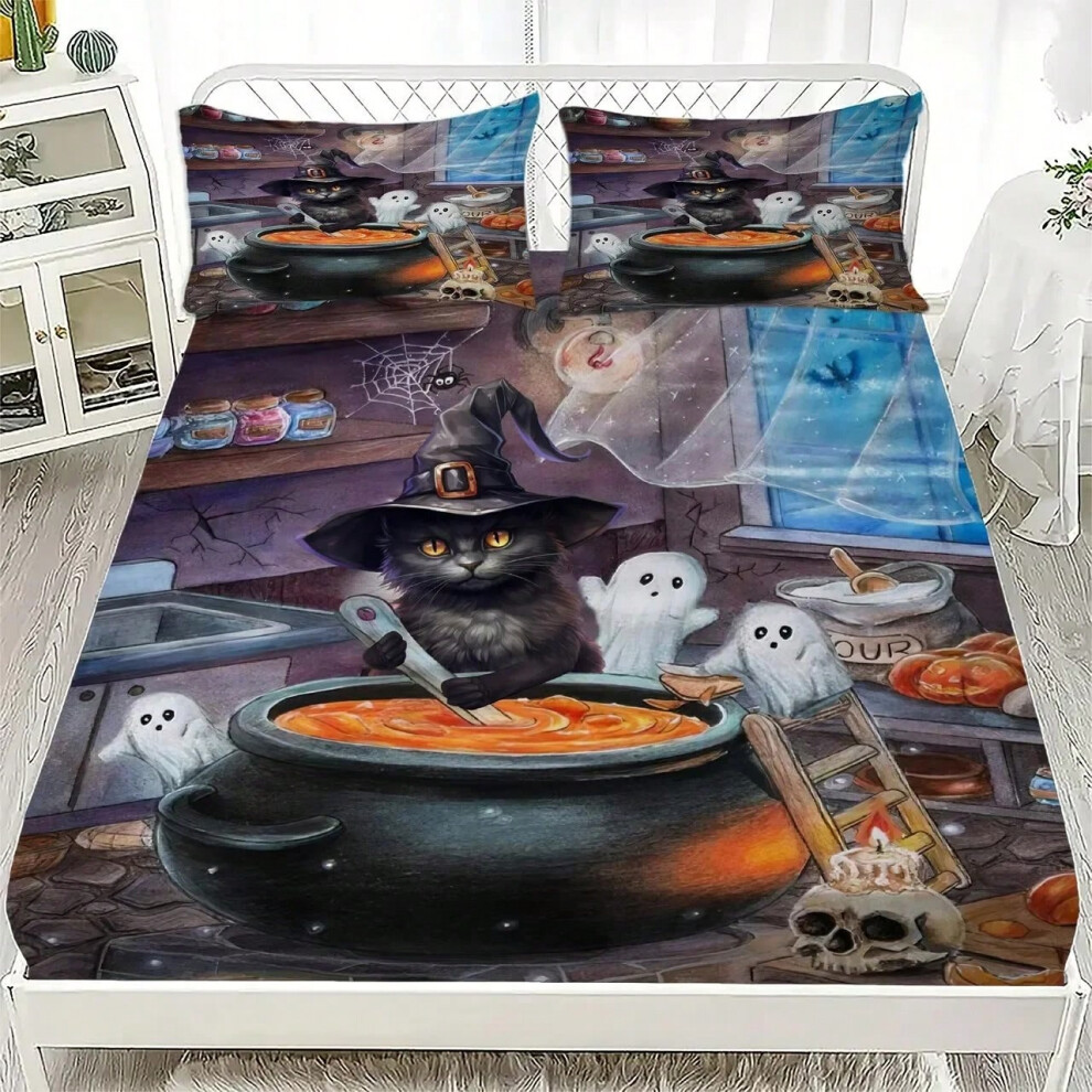 (2, 100x190x40cm 2pcs) Halloween Bedding Set Cartoon White Ghosts Pattern Fitted Sheet Bedroom Decor for Kids Halloween Gifts Halloween Decorations-image-OPC-PJJBR2G-NEW