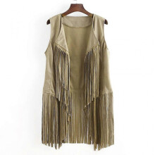 (S, Apricot color) Women Vests Women Autumn Winter Suede Leather Ethnic Sleeveless Tassels Frill Waistcoat Vest