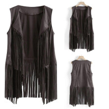 (M, grey) Women Vests Women Autumn Winter Suede Leather Ethnic Sleeveless Tassels Frill Waistcoat Vest