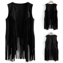 (2XL, black) Women Vests Women Autumn Winter Suede Leather Ethnic Sleeveless Tassels Frill Waistcoat Vest