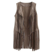 (S, Beige) Women Vests Women Autumn Winter Suede Leather Ethnic Sleeveless Tassels Frill Waistcoat Vest