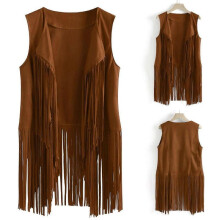 (XL, khaki) Women Vests Women Autumn Winter Suede Leather Ethnic Sleeveless Tassels Frill Waistcoat Vest