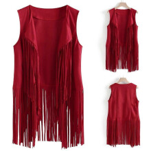 (2XL, red) Women Vests Women Autumn Winter Suede Leather Ethnic Sleeveless Tassels Frill Waistcoat Vest