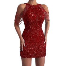 (S, red) Off Shoulder Gold Sequin Dress Short Party Bodycon Dress Women Sexy Evening Gown