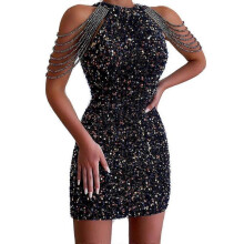 (S, black) Off Shoulder Gold Sequin Dress Short Party Bodycon Dress Women Sexy Evening Gown