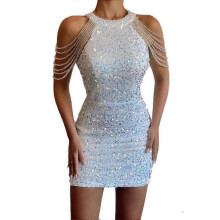 (XL, white) Off Shoulder Gold Sequin Dress Short Party Bodycon Dress Women Sexy Evening Gown