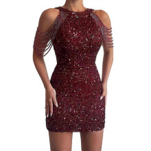 (L, claret) Off Shoulder Gold Sequin Dress Short Party Bodycon Dress Women Sexy Evening Gown
