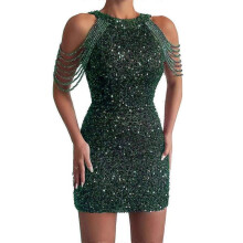 (3XL, blackish green) Off Shoulder Gold Sequin Dress Short Party Bodycon Dress Women Sexy Evening Gown