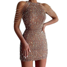 (L, khaki) Off Shoulder Gold Sequin Dress Short Party Bodycon Dress Women Sexy Evening Gown