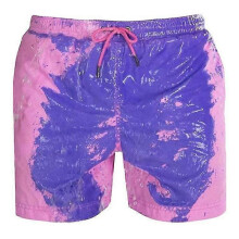 (M, pink purple) Magical Change Color Beach Shorts Men Swimming Trunks Swimwear Quick Dry Bathing