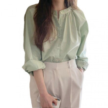 (L) Women Blouse Crew Neck Long Sleeves Pure Color Button Down Comfortable Casual Women Shirt for Office Outdoor Green