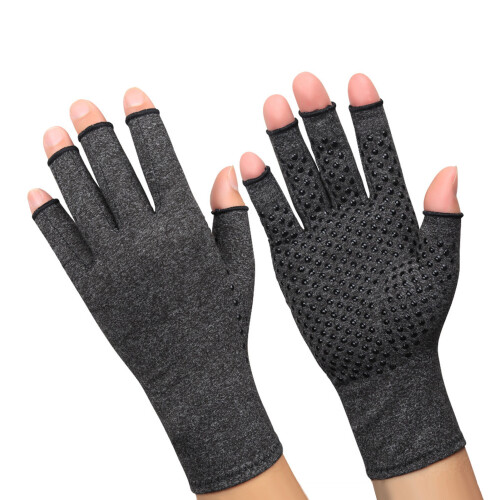 Arthritis Halbfingerhandschuhe M grau meliert gestrickt