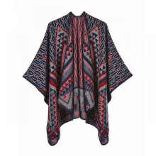 (Navy Blue) Fashion Imitation Cashmere Women Geometric Vintage Poncho Split Scarf Winter Warm Shawl Wrap Female Knitted Cloak Thick Blanket