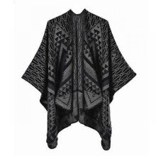 (Dark Grey) Fashion Imitation Cashmere Women Geometric Vintage Poncho Split Scarf Winter Warm Shawl Wrap Female Knitted Cloak Thick Blanket