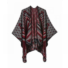 (Burgundy) Fashion Imitation Cashmere Women Geometric Vintage Poncho Split Scarf Winter Warm Shawl Wrap Female Knitted Cloak Thick Blanket