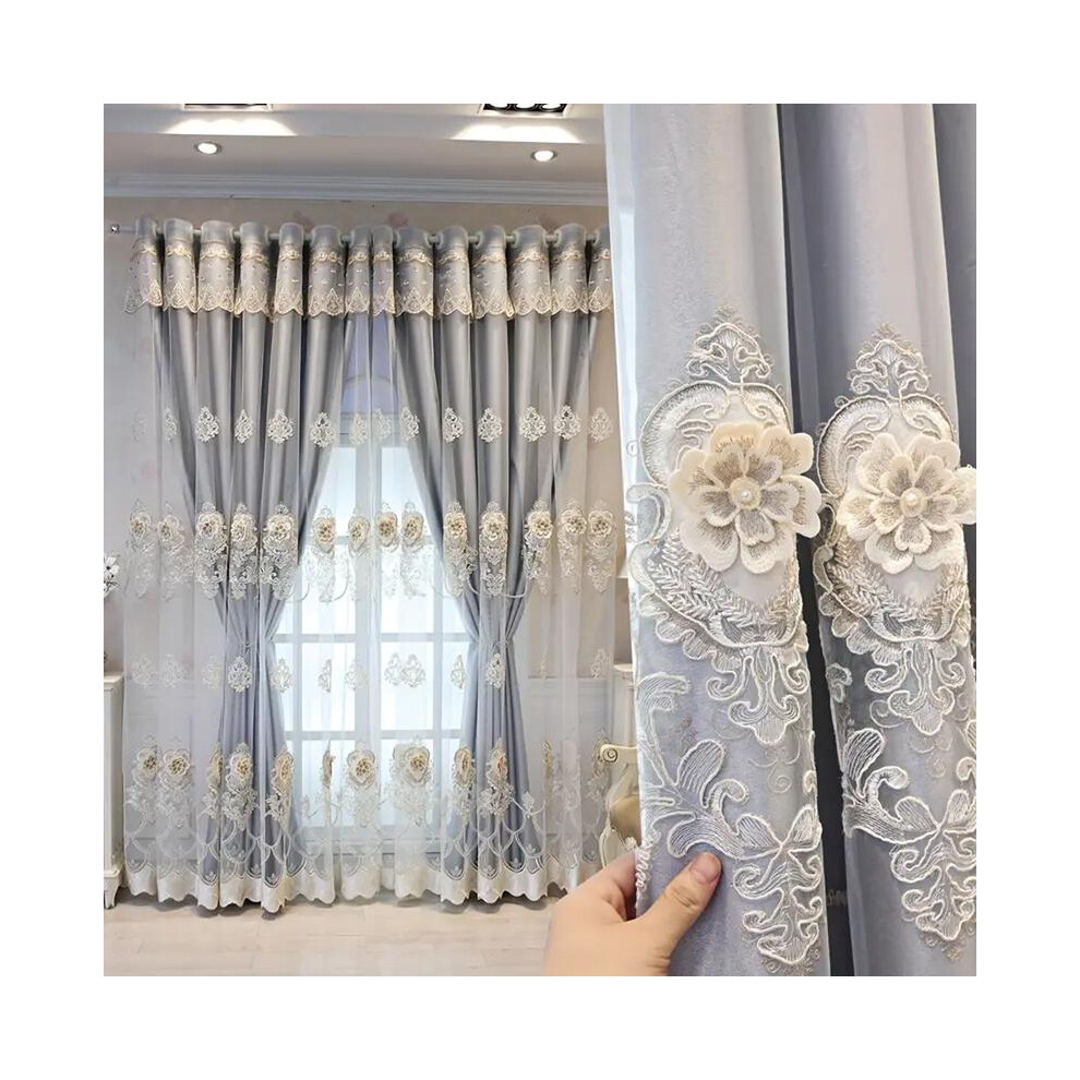 (Gray, 52"W x 95"L?132 x 241cm?) European Style Embroidered Blackout Curtain with Top Ring, UV Protection Thermal Insulation Drapes for Bedroom Living-image-OPC-PJJCKSK-NEW