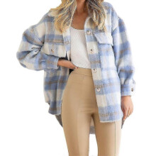 (S, blue) Winter Wool Coat Casual Checked Flannel Shacket Jacket Oversized Button Down Long Sleeve Autumn Shirt Coat Tops Coat Women
