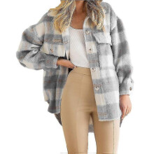 (2XL, grey) Winter Wool Coat Casual Checked Flannel Shacket Jacket Oversized Button Down Long Sleeve Autumn Shirt Coat Tops Coat Women