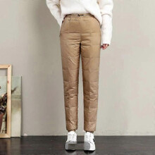 (L,Khaki)Lebanghui Winter Down Trousers Women Skinny Warm Formal Pants Elastic Waist Thicken Warm Pants Female