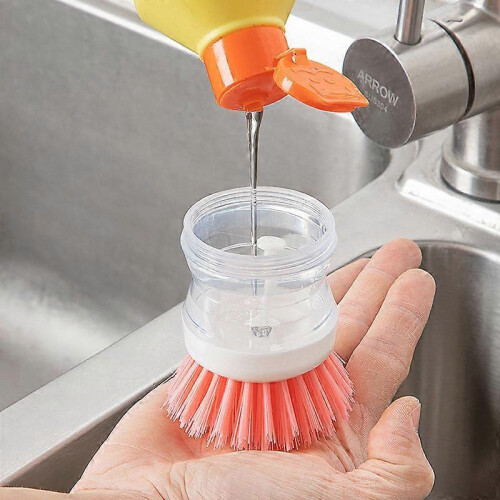 5pcs Liquid adding and washing pot brush, press type automatic liquid adding and washing dishes brush, non greasy and non damaging pot, multifunctiona 2