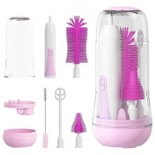 Electric bottle brush set with silicone bottle brush, nipple cleaning brush, straw brush, blender head and bottle drying rack, suitable for travel and