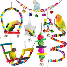 7 Pcs Bird Budgie Toys, Hanging Bell Pet Bird Cage Hammock Swing Climbing Ladders Toy Wooden Perch Mirror Chewing Toy for Conures, Love Birds, Small P