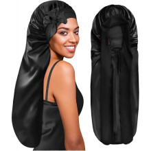 Extra long satin hair cap for sleeping, suitable for long curly hair braids,Black