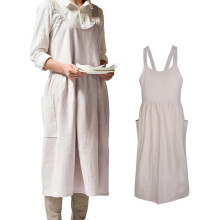 White Women Apron Japanese Style V Shape Cotton Aprons Halter Cross Back Bandage with Big Pockets Solid Color Literature Art Casual Bib