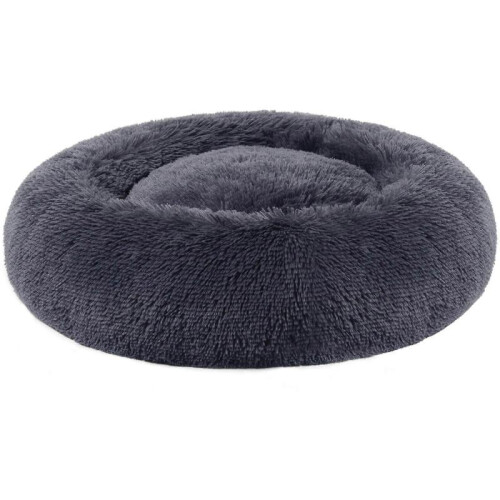Fluffy, cat bed, donut cushion, washable, removable padding in the middle, long plush, 80 cm diameter, dark grey