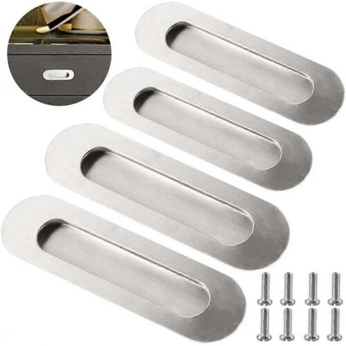 4Pcs Sliding Door Handles,Recessed Oval StainlessSilver,With Screws