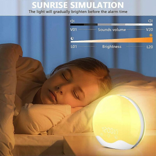 (White) New Wake-Up Night Light with Alarm Clock, Sunrise Simulation Light, Shell-Shaped Double-Sided Rainbow Bedside Night Light 1