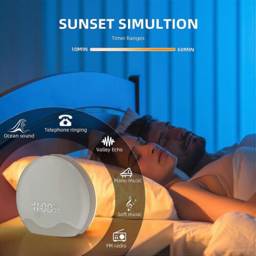 (White) New Wake-Up Night Light with Alarm Clock, Sunrise Simulation Light, Shell-Shaped Double-Sided Rainbow Bedside Night Light 2