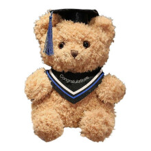 (Blue) Cartoon Bear Doll Graduation Gift Soft Fluffy Washable with Hat Decor Doctor Animal Plush Toy