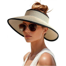 (Beige With Black) Women's Sun Visor Hats Wide Brim Straw Beach Hat Ponytail Foldable Packable Beach Vacation Essentials