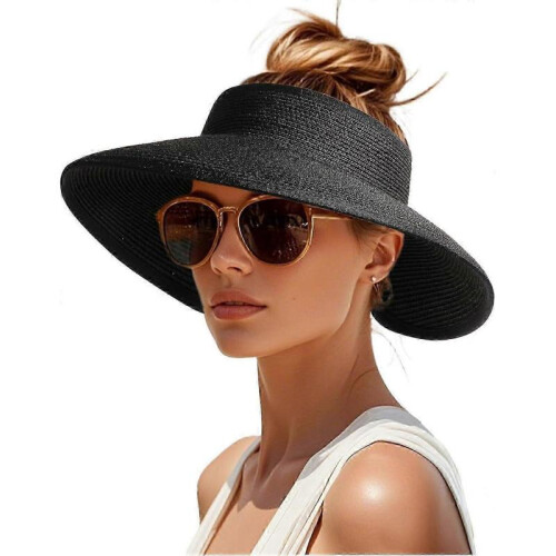 (Black) Women's Sun Visor Hats Wide Brim Straw Beach Hat Ponytail Foldable Packable Beach Vacation Essentials