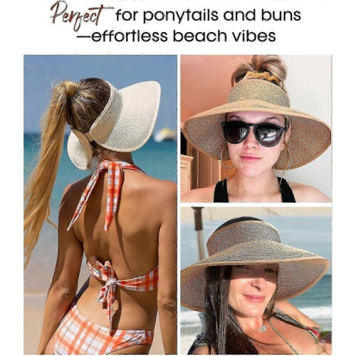 (Khaki) Women's Sun Visor Hats Wide Brim Straw Beach Hat Ponytail Foldable Packable Beach Vacation Essentials 2