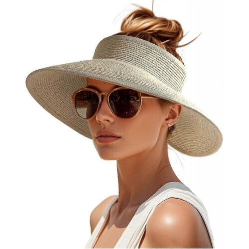 (Beige) Women's Sun Visor Hats Wide Brim Straw Beach Hat Ponytail Foldable Packable Beach Vacation Essentials