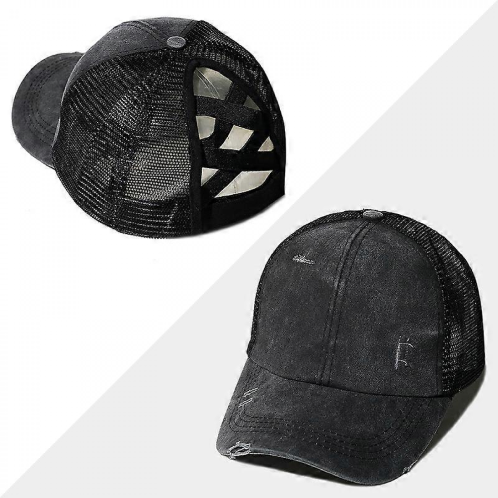 Ponytail Hat for Womens, Adjustable Vintage Trucker Washed Denim Dad Baseball Cap BLACK