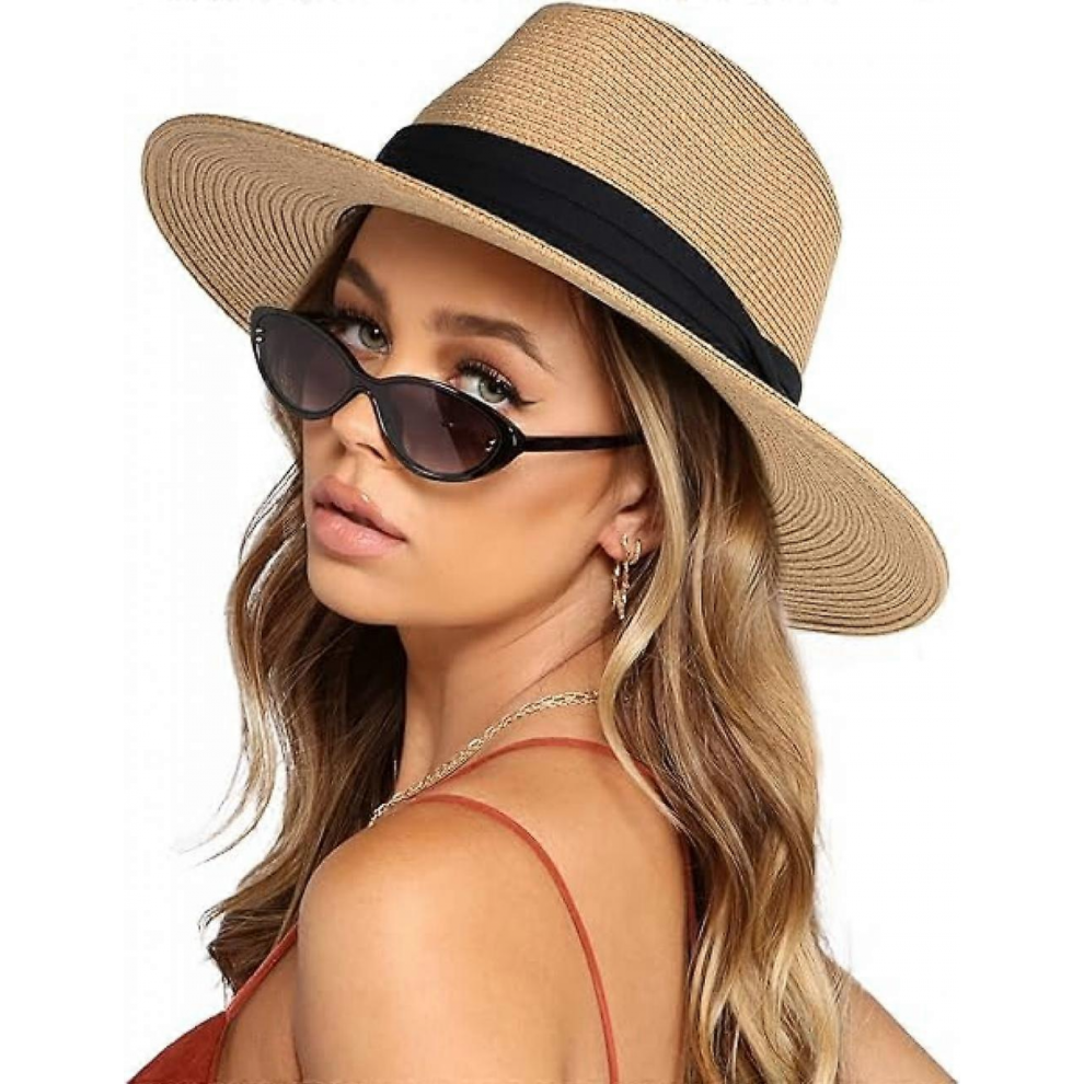 Womens Mens Wide Brim Straw Panama Hat Summer Beach Sun Hat Straw Hat for Women 56-58.5cm khaki