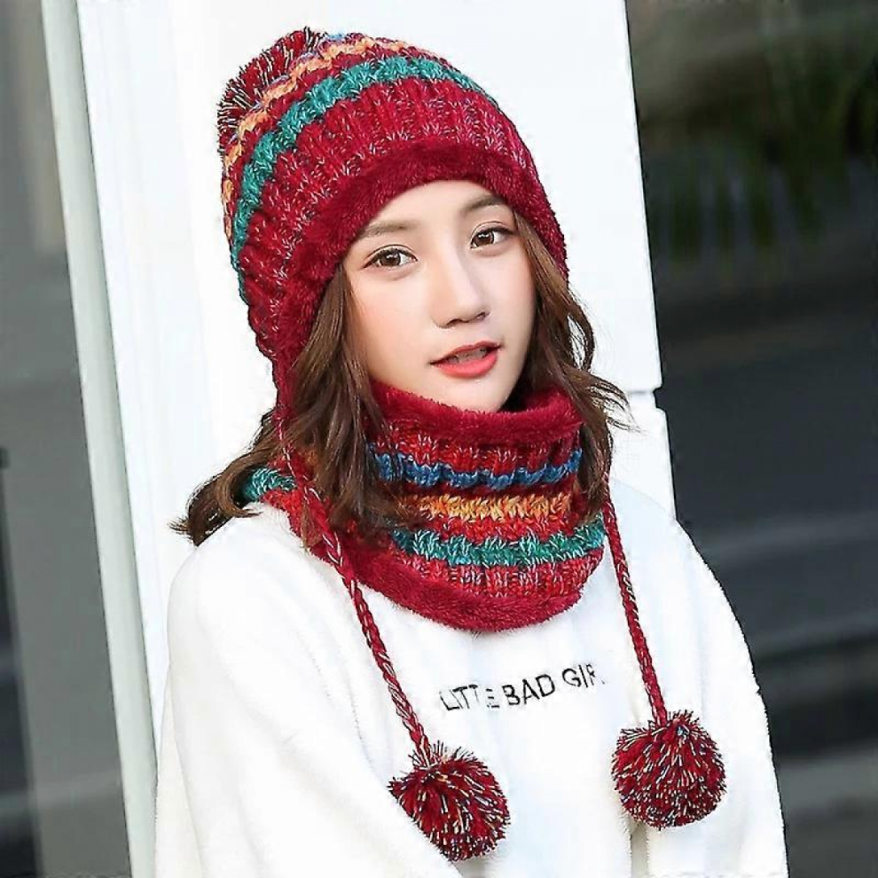 Women Knitted Hat Scarf Set Winter Warm Thicken Crochet Bobble Pom Pom Beanie Hat Cap Outdoor