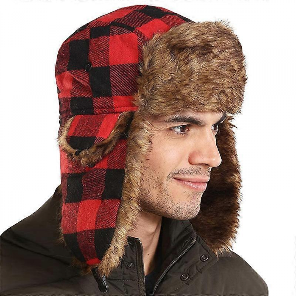 Buffalo Plaid Aviator Fur Trapper Hat Russian Bomber Hat black red 54-60CM