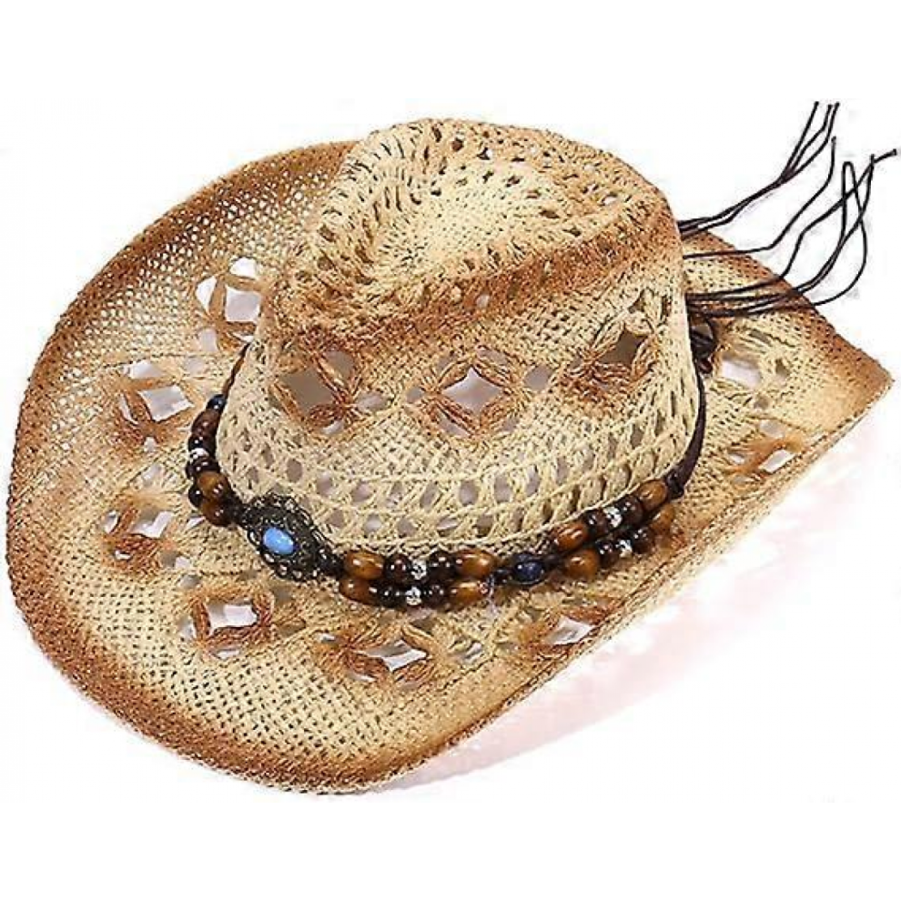 Wide Brim Straw Cowboy Hat - Hollow Out Cowboy Sun Hat for Men and Women - Western Cowboy Sun Hat with Beaded Band