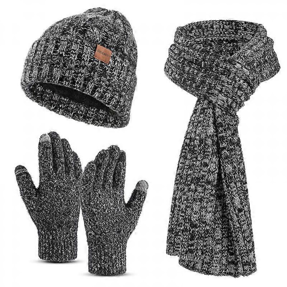 Women Winter Warm Beanie Hat Woolen Knitted Hat Scarf Gloves Set Fleece PomPom Hat Thick Scarf Gloves Beanies black