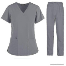 (L, Grey) Nurse Women Fabric Short Sleeve Medical Uniforms