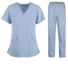 (XL, Sky blue) Nurse Women Fabric Short Sleeve Medical Uniforms