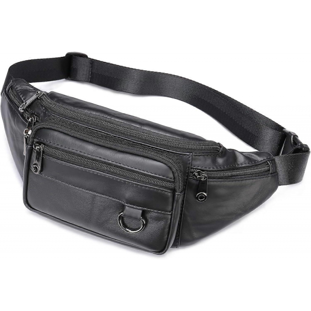 Genuine Leather Fanny Pack Well Made Durable Leather Waist Bag with Lots of Zipper Pockets Black-image-OPC-PJJGRZB-NEW