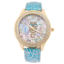 (Sku Blue) Owl Women Printing Watches Leather Watchband Fashion Decoration Gift Wristwatch